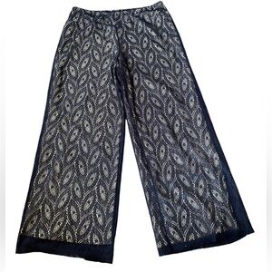 NEW Cato Plus Size Blue Cream Earthy Leafy Sheer Lace High Waist Wide Leg Pants